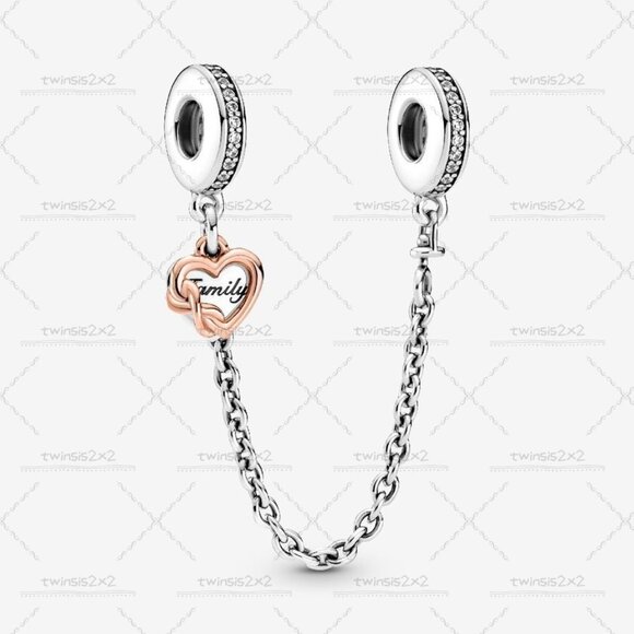 Pandora Family Heart Safety Chain Charm|Two-tone - Picture 1 of 2